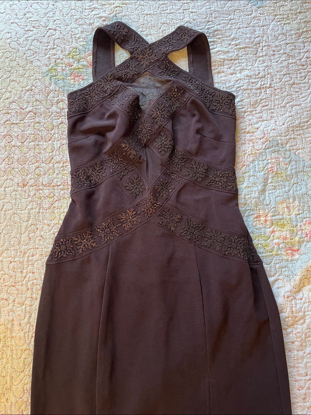 Embellished Dark Brown Crisscross Maxi Dress